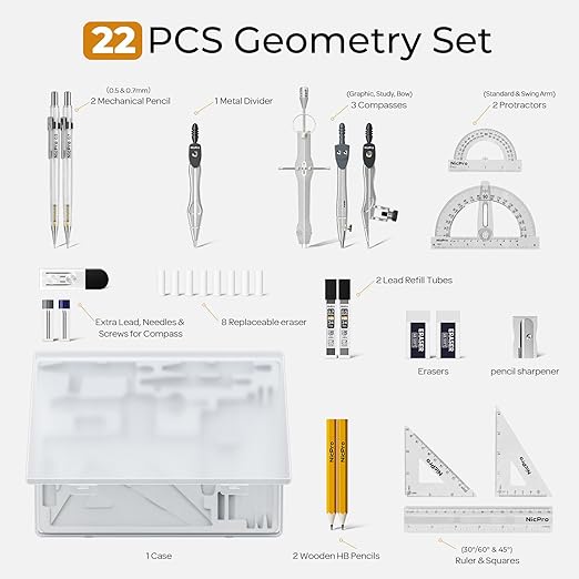 Nicpro 17 PCS Compass Geometry Set with Case + Nicpro 22 PCS Compass Geometry Tools with Case