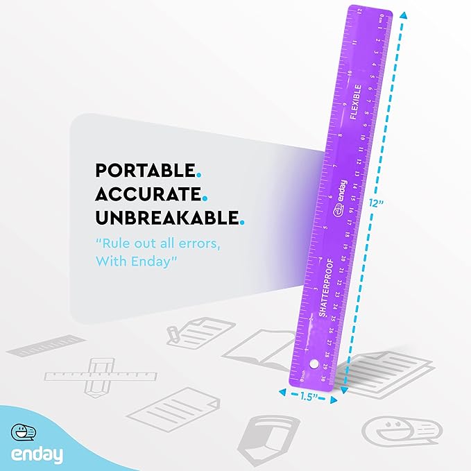 Flexible Ruler Purple, 12 in (30 cm) Soft Plastic Shatter Resistant Straight Edge Ruler, Bendable Kids & Adults Ruler w/Inches & Metrics Also Available in Pink, Blue, Red, Grey, Green, 1 Pc –By Enday
