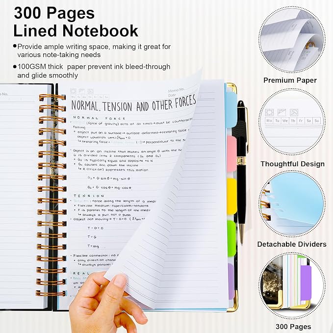 Spiral Journal Notebooks for Work, 300 Pages 5 Subject Notebook College Ruled with Dividers & Tabs, A5 Notebook Journal for Women Students Note-Taking and Organizer (Midnight Marble)