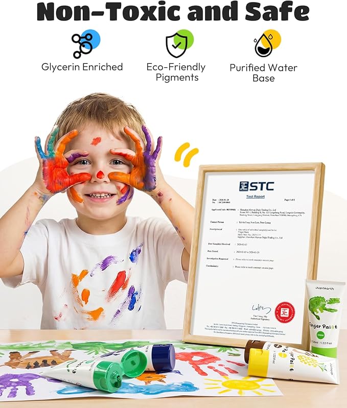 JUPITEARTH 28 PCS Finger Paint, Baby Safe Paints for Hand and Feet, Washable Paint for Kids, Non-Toxic 12 Vibrant Colors (1.22fl oz/36ml ) , Palette, Apron, Brush, Eye Stickers, Safe Preschool Art Supplies for Kids
