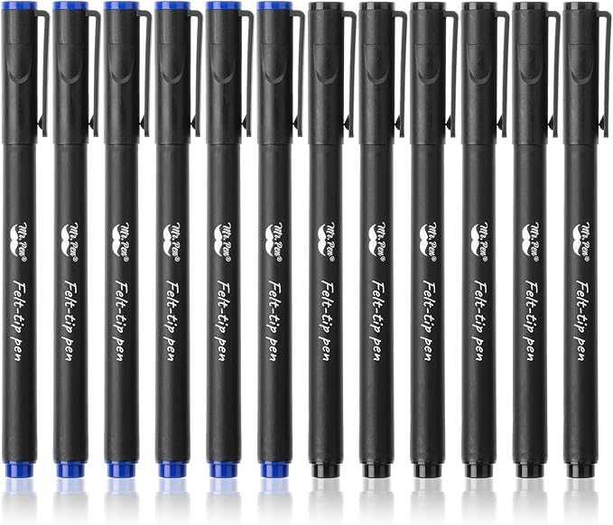 Mr. Pen- Felt Tip Pens, Fine Point, 12 Pack, Blue and Black Inks, Fast Drying, No Smear, Bible Journaling Pens No Bleed-Through for Planners, Sketching, Writing