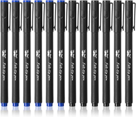 Mr. Pen- Felt Tip Pens, Fine Point, 12 Pack, Blue and Black Inks, Fast Drying, No Smear, Bible Journaling Pens No Bleed-Through for Planners, Sketching, Writing