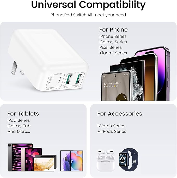 40W Flat USB C Wall Charger, 4Ports Foldable & Slim Fast Charging Blocks, Multiport Type C Cube Box Power Adapter Plug, Boxeroo USB C Charger Block Brick for iPhone Samsung Tablet Pixel (White)