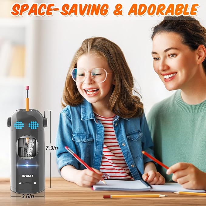 AFMAT Electric Pencil Sharpener, Fully Automatic Colored Pencil Sharpener for 7-11.5mm Pencils, Auto in & Out, Robot Pencil Sharpeners for Kids, Rechargeable Hands-Free with Dotted Eyes, PSX5ET, Gray