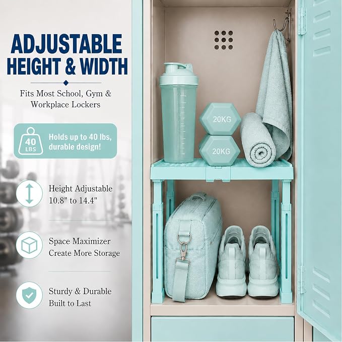 Svartur Locker Shelf Adjustable Height and Width, Locker Organizer for Work, Expandable Shelves for Locker Stand Tools for Gym Locker, Back to School Accessories, Mint-Blue, Pack of 2