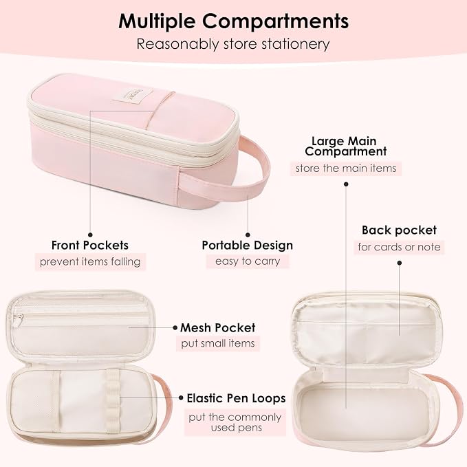 SKYDUE Pink Pencil Case for Girls - Aesthetic Pencil Bag with Multi-Compartment, Large Capacity Zippered Pencil Pouch for School Supply