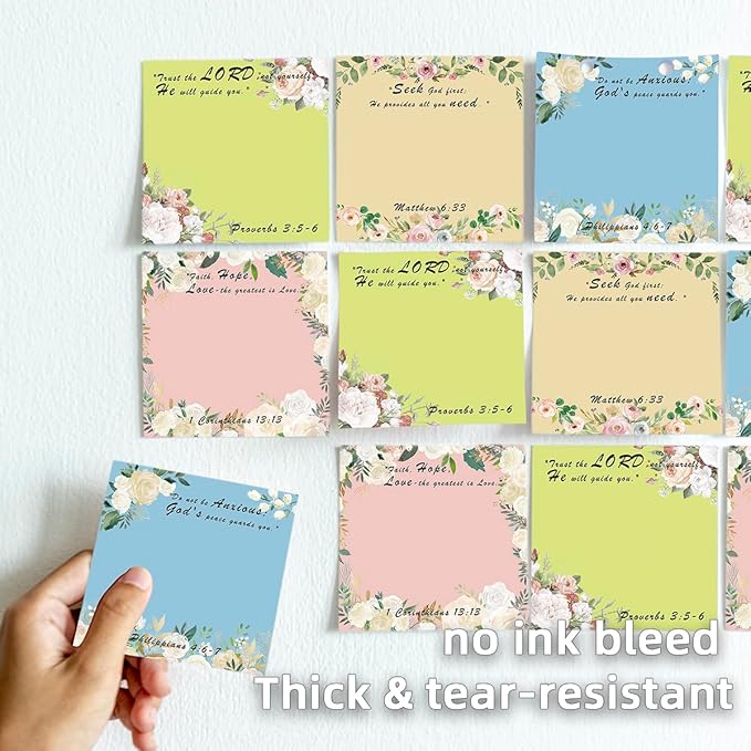 Floral Bible Verse 4-Pad/200 Sheets 3x3 Sticky Notes Set, Adorable Memo Pads with High-Adhesive, Reusable Tearable Post it Notes for Journal Planners Office School Home, Bulk Stationery Gift