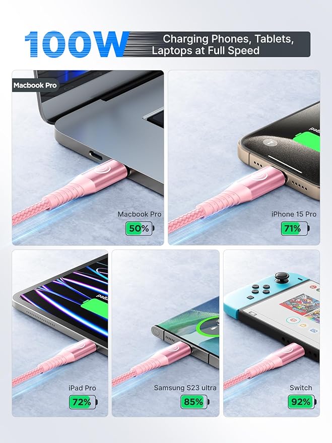 USBC to USBC 100W [10ft/2 Pack] USB C to USB C Fast Charging Cable Braided C to C Charger Cord for MacBook Pro/Air, iPhone 16 15 Pro Max Plus,iPad Pro,Samsung Galaxy S25 Ultra S24 S23,Pixel,PS5,Switch