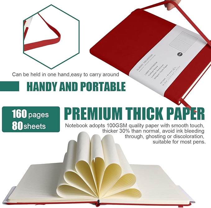 Lined Journal Notebook, 10Pack Hardcover Notebook for Men & Women – Journals for Writing, Work, School, Home & Daily Notes, 160 Pages – Medium A5, 5.7"x8", 100 gsm Thick Paper (Red)