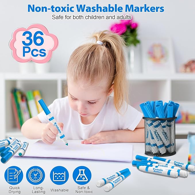 36 Pcs Light Blue Washable Markers Bulk Coloring Broad Line Marker for Kid Light Blue Conical Tip Drawing Pen for Christmas School Travel Art Baby Shower Gender Reveal Party Supplies, Ages 6+
