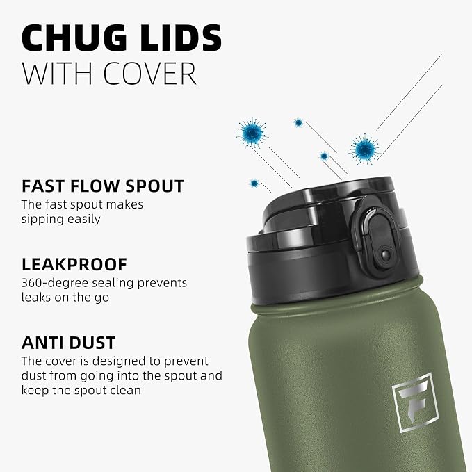 Fanhaw 20 oz Insulated Stainless Steel Water Bottle with Anti-Dust Chug Lid, Leakproof Vacuum Metal Everyday Use Bottle for Kids, Teens & Adults, Back to School Essentials (Olive Green)