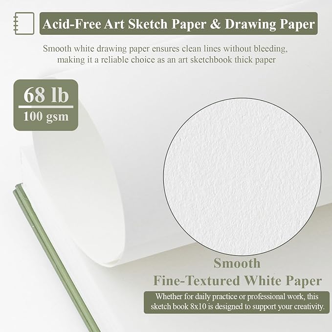 SuFly Spiral Bound Sketchbook 8x10, 100 Sheets Hardcover Sketch Books, 68lb/100gsm Sketch Paper, Sketch Pads for Drawing for Adults, Sketchbook for Art Class & School.