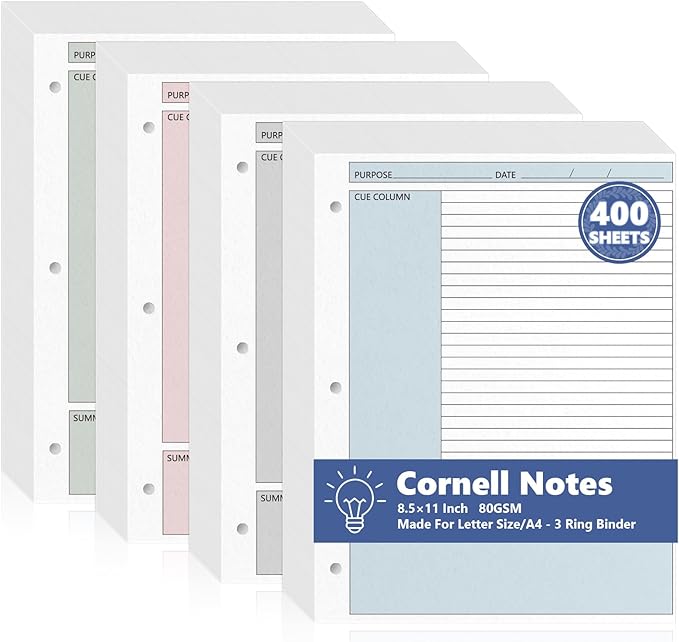 400 Sheet Colored Cornell Notes Loose Leaf Paper 8.5×11 Inch for 3 Ring Binder College Ruled Notebook Refill Paper Bulk Taking System Filler Paper Letter Size for School Office Business Home 80gsm