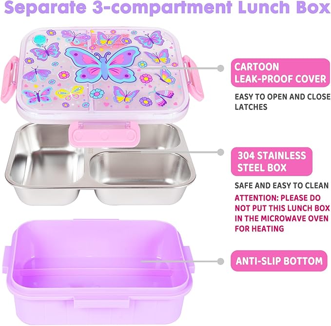 Stainless Steel Bento Lunch Box for Kids, 800ml/27oz BPA-Free Leak-Proof Food Containers with 3 Compartments, Freezer & Dishwasher Safe, Back to School Students Lunches Size for Ages 3-7