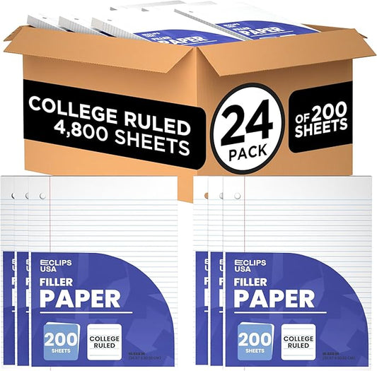 Loose Leaf Paper College Ruled Notebook Paper College Ruled Lined Writing Filler Paper 10.5” x 8” 4800 Sheets 200 Sheets Per Pack 60 gsm (24 Pack)