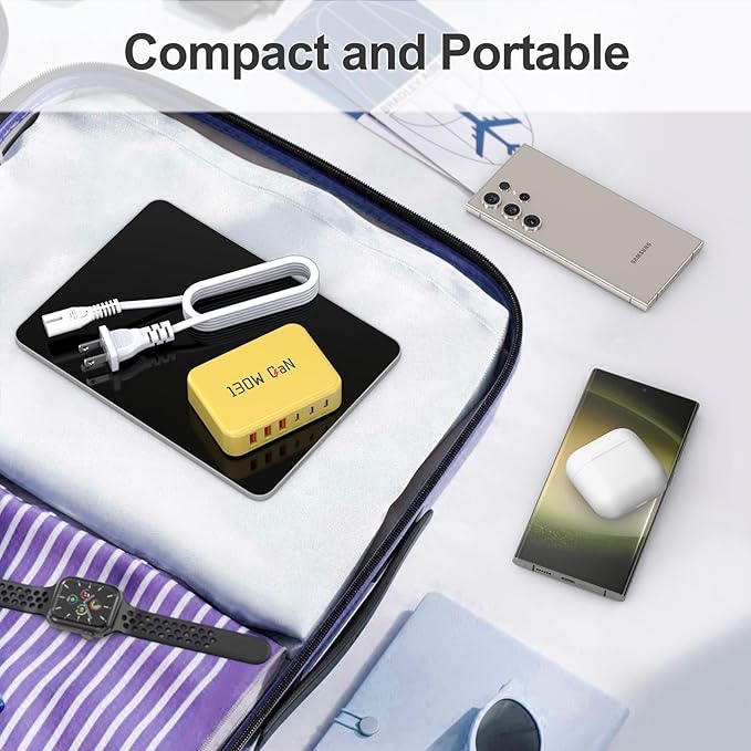 [2026 Upadated] 130W Charging Station 6-Port Type C Fast Charger Block Charging Station Multiport Adpater for iPhone 17/16/15/14/13/Pro Max/Plus iPad mini/Pro Galaxy S26/S25 5ft Power Cord-Yellow