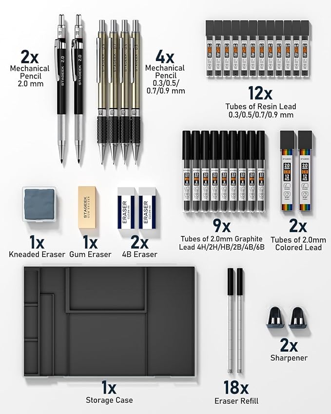 STAGEEK Mechanical Pencil Set with Case 37 Count, Drawing Pencils 0.3, 0.5, 0.7, 0.9MM & 2PCS 2MM Sketching Pencils with 492PCS Lead Refills (6B 4B 2B HB 2H 4H Color) for Artist Drafting Drawing