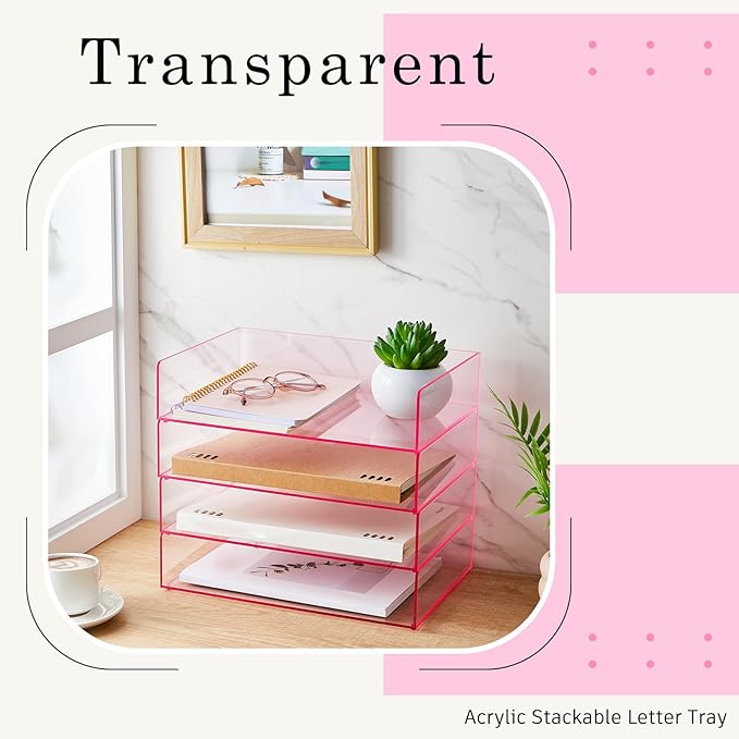 Harloon 4 Tier Paper Organizer Letter Tray Pink Acrylic Desk File Organizer Heavy Duty Stackable Documents Clear Letter Paper Holder Office Tray for A4, Office Classroom Home File Pad Notebooks