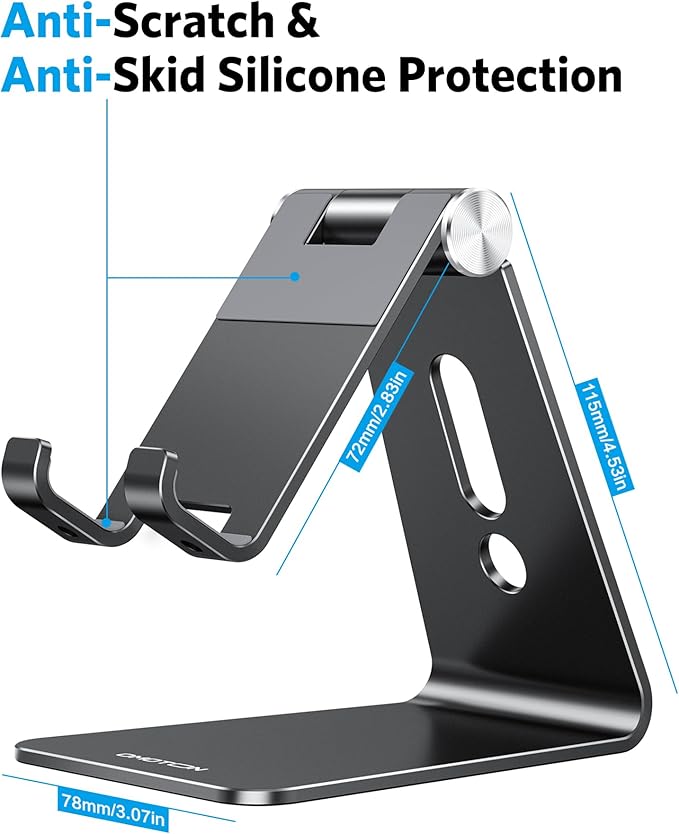 OMOTON Adjustable Cell Phone Stand, C2 Aluminum Desktop Phone Holder Dock Compatible with iPhone 15 14 13 Xs XR 8 Plus 7 6, Samsung Galaxy, Google Pixel, Android Phones, Black