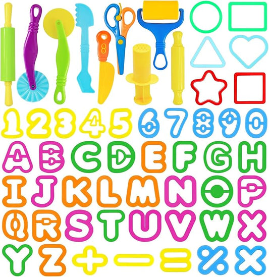 LCY WEDSHI Dough Tool Set, 56 Pcs Dough Tools Sets for Kids Ages 4-8, Dough Accessories Includes Alphabet Numbers Shapes, Cutters Roller, Rolling Pins, Safety Scissors, Plastic Knife