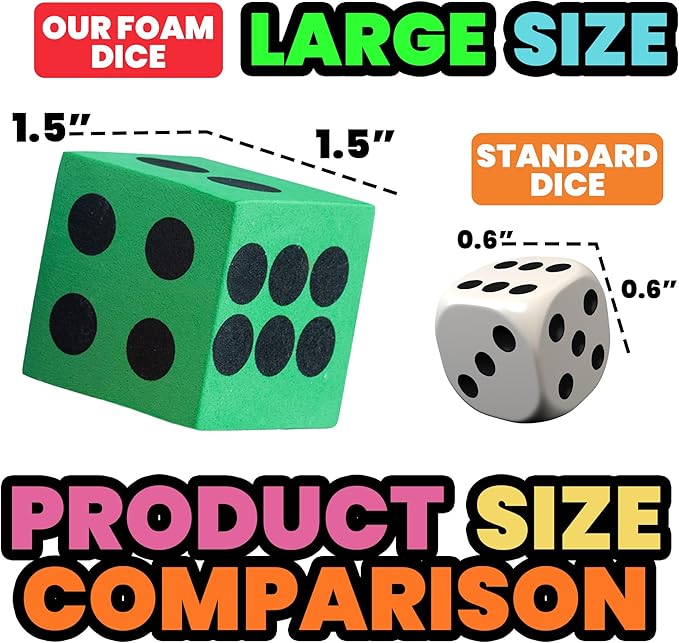 Foam Dice Set - Bulk Pack of 12, 1.5 Inch Large Assorted Colorful Foam Dice Cubes with Number Dots, Use for Kids, Classrooms, Math Games, Building Toys, Party Supplies by Bedwina