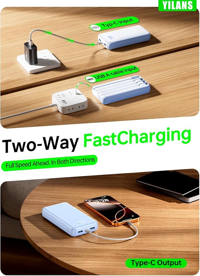 Portable Charger,50000mAh Power Bank Built-in Cable, 22.5W PD USB C In & Out Fast Charging, External Battery Pack with 6 Output & 2 Input, Travel Camping Essential for iPhone 17/16/15/14/13/12(Blue)