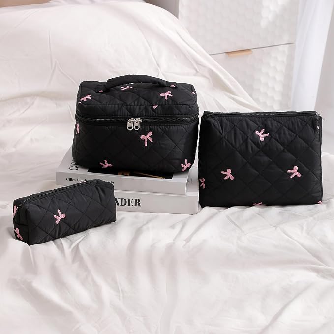 uekeboag Large Travel Quilted Makeup Bag for Women | Soft Floral Cotton Cosmetic Bag, Foldable Coquette Aesthetic Toiletry Organizer