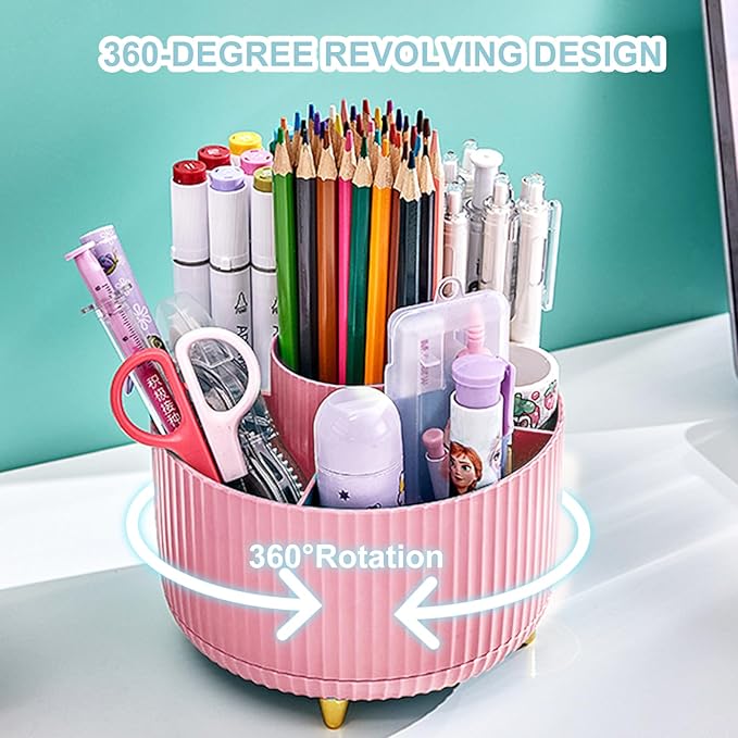 Cayxenful Pencil Holder For Desk,5 Slots 360°Degree Rotating Desk Organizers And Accessories,Desktop Storage Stationery Supplies Organizer, Cute Pencil Cup Pot For Office, School, Home (D-Pink)