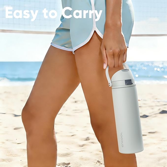 Insulated Water Bottle with Straw - Encool Stainless Steel Water Bottle with Push Button Lid, Leak-Proof & BPA-Free, Keeps Cold for 24 Hours for Sports, Travel, Gym (24 oz, Silver Grey)