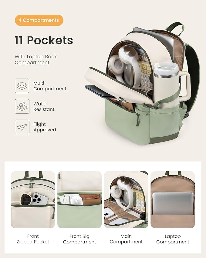 LOVEVOOK Laptop Backpack for Women with Giant Tumbler Holder,15.6 Inch Laptop Computer Bag Travel Backpack Purse,Waterproof Work Business Backpack College Bookbag Teacher Bags,Beige-Mint Green