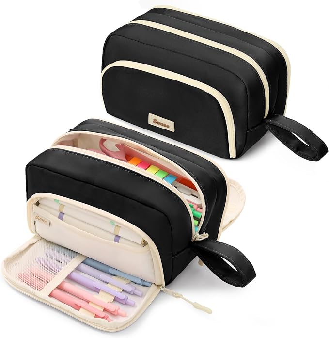 SUNEE Cute Pencil Case, Aesthetic Pen Pouch with 3 Compartments, Kawaii Colored Large Pencil Bag with Zipper, Stationery Storage and Organizer, Black School Supplies for Teen and Adult Girls