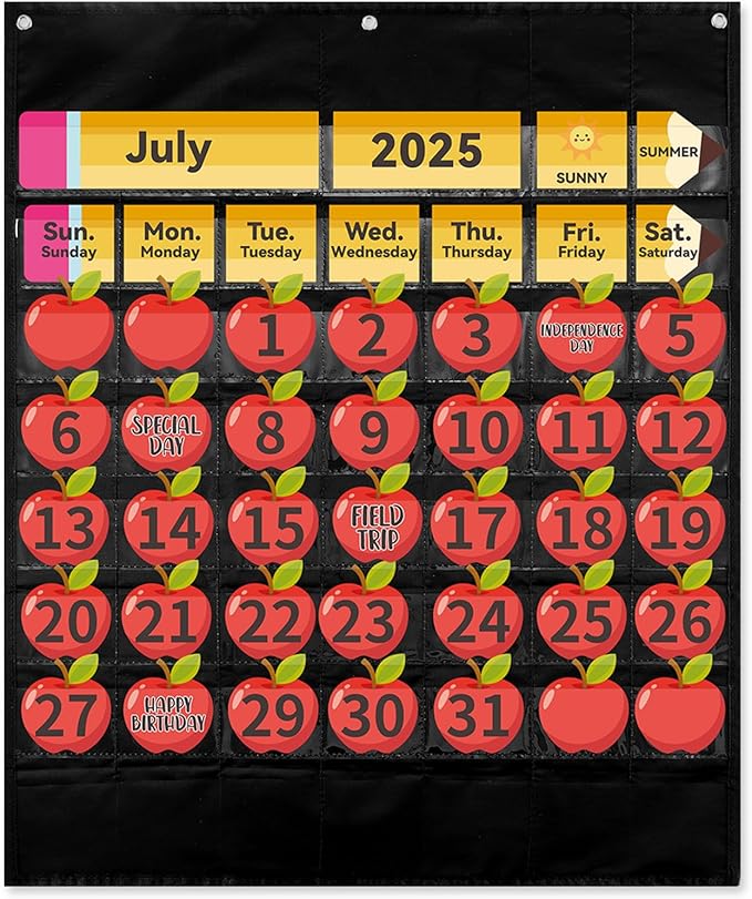 Weysat 128 Pcs Classroom Calendar Pocket Chart Set Calendar Bulletin Board with Pocket Bulletin Board Season Festival Weather Date Chart for Preschool Elementary School Teacher Supplies (Pencil)