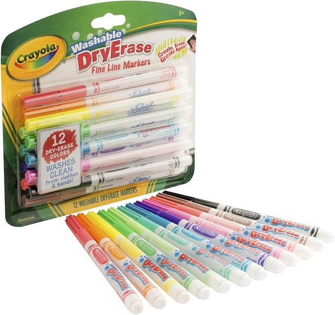 Crayola Washable Dry-Erase Fine Line Markers, 12 Classic Colors NonToxic Art Tools for Kids & Toddlers 3+