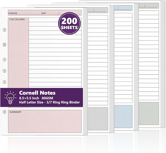 200 Sheet 7-Hole 5.5" x 8.5" Lined Filler Paper for 3 or 7 Ring Binder College Ruled Cornell Notes Loose Leaf Paper for Mini Binders Half Letter Planner Refill Mini Binder Inserts for School Office