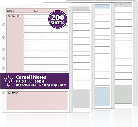 200 Sheet 7-Hole 5.5" x 8.5" Lined Filler Paper for 3 or 7 Ring Binder College Ruled Cornell Notes Loose Leaf Paper for Mini Binders Half Letter Planner Refill Mini Binder Inserts for School Office