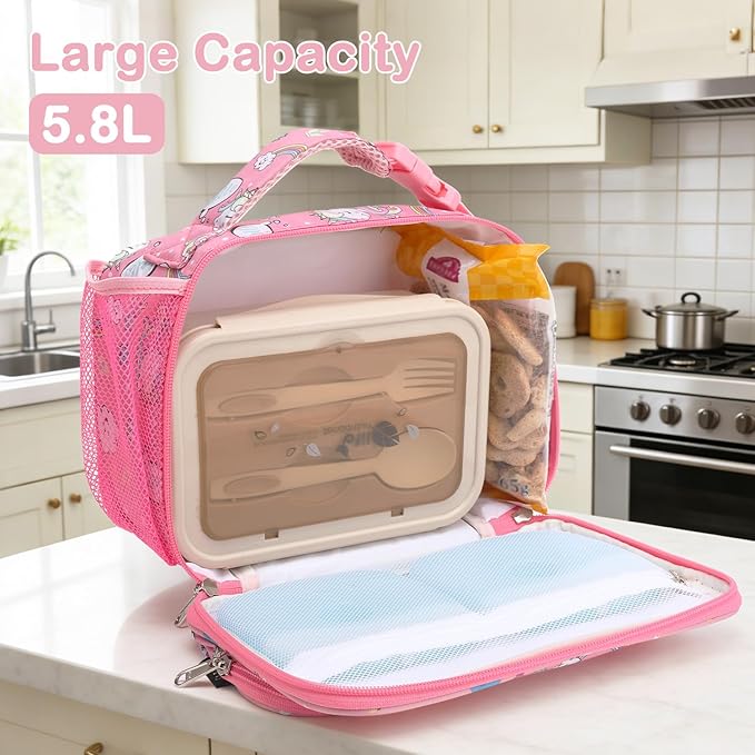 FlowFly Kids Lunch box Insulated Soft Bag Mini Cooler Back to School Thermal Meal Tote Kit for Girls, Boys, Rainbow