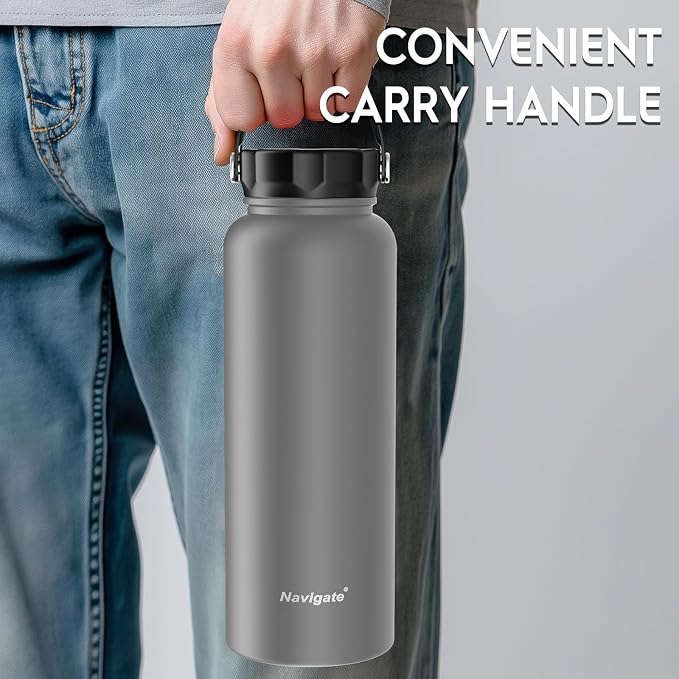 Navigate 40oz Insulated Water Bottle for Sports, Keep Cold 24H | 2-in-1 Spout and Handle Lids, Double Leak-Proof, 18/8 Stainless Steel, BPA-Free, Wide Mouth for Gym and Hiking,Grey