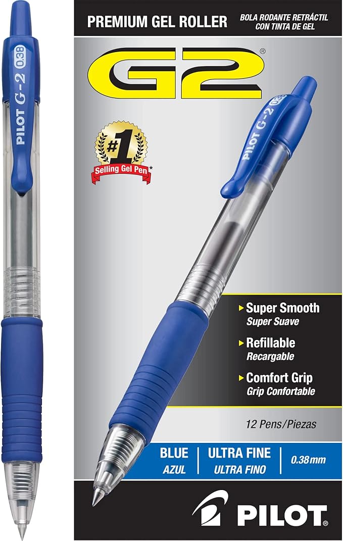 PILOT G2 Premium Refillable and Retractable Rolling Ball Gel Pens, Ultra Fine Point, Gel Ink Pens, 0.38mm, Blue Ink, 12 Count (Pack of 12)