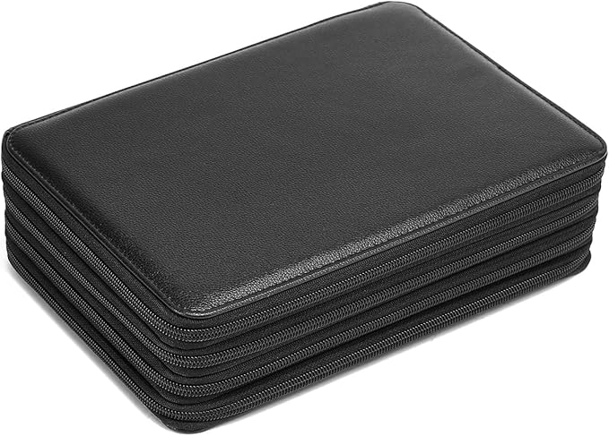 YOUNGCOL 200 Slots Colored Pencil Case - Deluxe PU Leather Pencil Organizer Holder With Zipper Closure Large Pencil Box for Colored Pencils Watercolor Pencils (Black, 200 Slots)