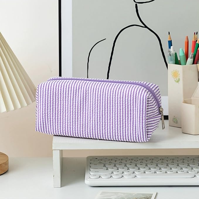 Cute Large Capacity Pencil Case | Aesthetic Striped Pencil Pouch for Office Supplies Organizer (Purple)