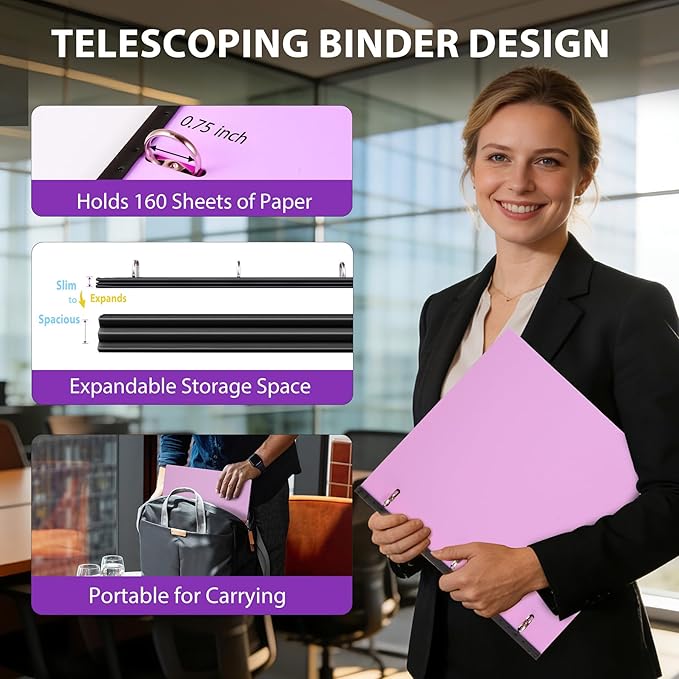 WOT I 6-Pack Telescoping 3 Ring Binder(0.75"), Expandable Flexible Binder - Patented Design for Easy Portability, Holds 8.5"x11" Paper for School, Office, Home(Assorted Pastels)