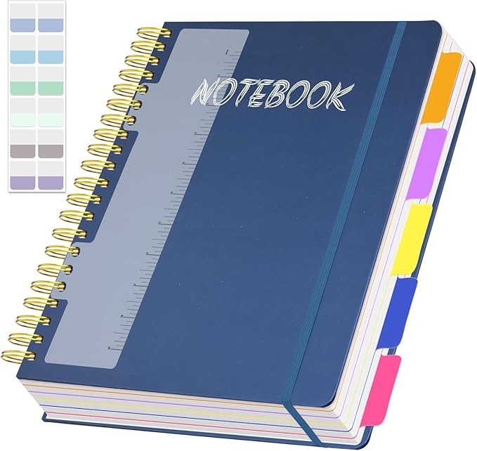 5 Subject Notebook College Ruled, 300 Pages A4 Hardcover Spiral Notebook with Removable Dividers Tabs, 8.5" x 11" Large 100GSM Lined Journal Notebooks for Work School