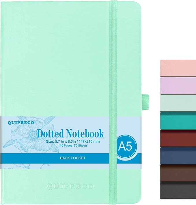 Bullet Dotted Journal Hardcover Notebook, A5 140 Pages 120Gsm Thick Paper for School,Note Taking,Work,Diary，5.7''*8.3'',Light Green