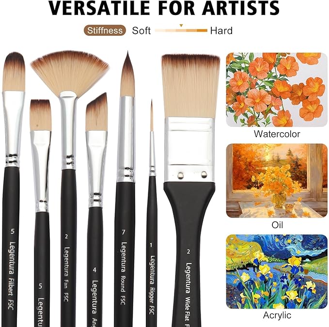 25 PCS Paint Brush Set for Acrylic, Oil & Watercolor, Artist Brush Kit with Flat, Filbert, Fan, Round, Liner, Dagger & Angle Brushes, Synthetic Bristles, Roll-Up Case