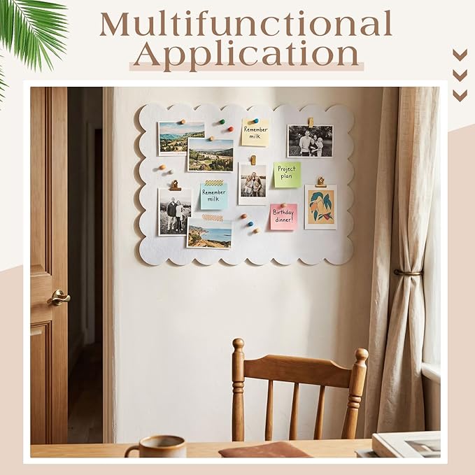 Mooliwe Scalloped Felt Bulletin Board 24 x 18 Inches Foldable White Pin Cork Board Alternative for Wall, 2' x 1.5' Trifold Picture Vision Self Adhesive Bulletin Decorative
