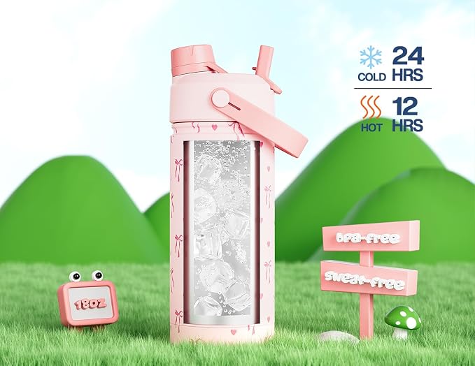 POWCAN 2 Pack 18 oz Insulated Water Bottle for School: Leakproof, 2-in-1 Straw Spout Lid, BPA-Free, Keep Cold 24 Hrs, Stainless Steel Cup for Girls Boys Kids (Sweetheart Bow & Cute Unicorn)