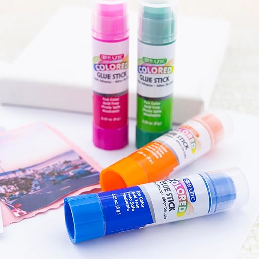 BAZIC Products Washable Colored Glue Stick 8g/0.28 Oz, All Purpose Acid Glue Sticks for Kids Photos Paper Kids at School Home Office (4/Pack), 24-Pack
