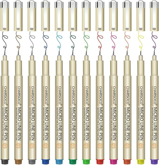 01 Micro Pen, Fine Point Pen with 12 Colors, Waterproof Archival Ink, 0.25mm Fineliner Ink Pens for Artist Illustration, Sketching, Anime, Manga, Technical Drawing and Scrapbooking