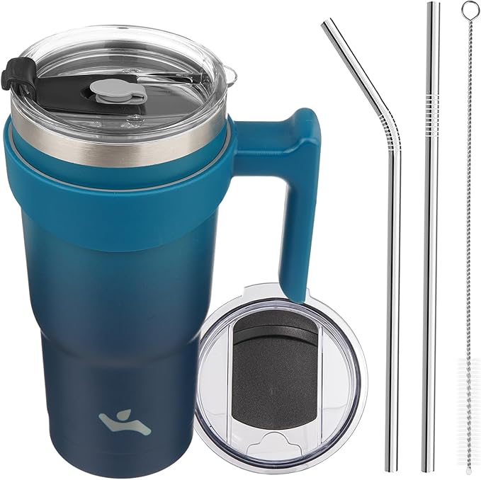 Konokyo 20 oz Tumbler with Handle and 2 Straw 2 Lid, Insulated Water Bottle Stainless Steel Vacuum Cup Reusable Travel Mug,Indigo Black