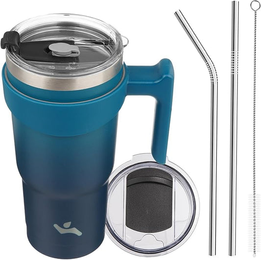 Konokyo 20 oz Tumbler with Handle and 2 Straw 2 Lid, Insulated Water Bottle Stainless Steel Vacuum Cup Reusable Travel Mug,Indigo Black
